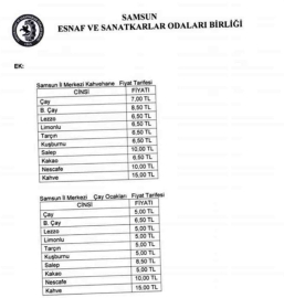 Kahvehane ve çay ocakları içecek tarifesi güncellendi